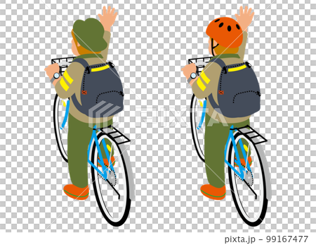 斜め後ろから見た自転車にまたがり手を振るリュックを背負ったミドル 99167477