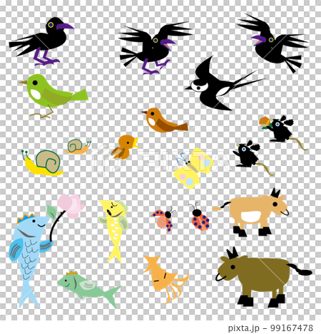 A collection of simple illustrations of familiar creatures 99167478