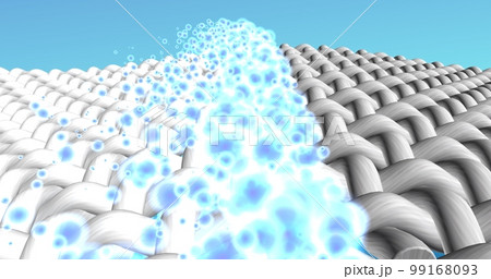 Whitening action of bleach, washing powder, stain remover or liquid laundry detergent for white clothes. 3d rendered illustration. Glittering floating wave of water drops that clean a stained fabric 99168093