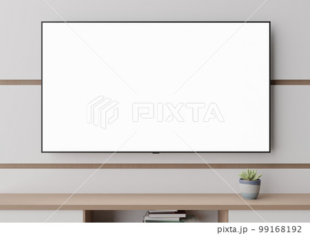 TV mock up. LED TV with blank white screen, hanging on the wall at home. Copy space for advertising, movie, app presentation. Empty television screen ready for your design. Modern interior. 3D render. 99168192