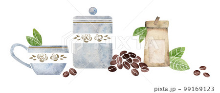 Watercolor hand drawn composition with porcelain and gold coffee cups, beans, jars, bags, leaves Isolated on white background. For invitations, cafe, restaurant food menu, print, website, cards 99169123