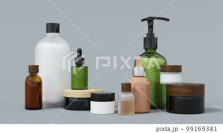 Skincare and beauty products on gray studio background 3D render Skincare and beauty products on gray studio background 3D render 99169381