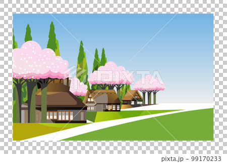 A gentle spring mountain village landscape with cherry blossoms. 99170233