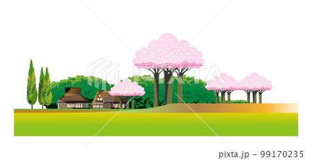 桜咲く穏やかな春の山里の風景。  99170235