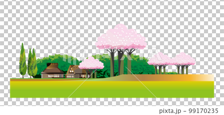 桜咲く穏やかな春の山里の風景。  99170235