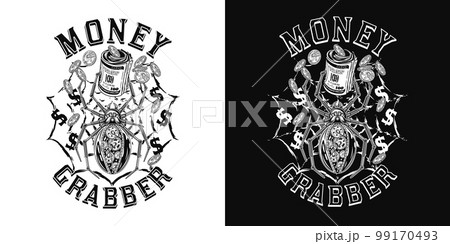 Black and white money label with metallic robot spider in steampunk style, roll of 100 US dollar bills, coins, text. Grunge silhouette of spiderweb behind. For prints, clothing, surface design. Black and white money label with metallic robot spider in steampunk style, roll of 100 US dollar bills, coins, text. Grunge silhouette of spiderweb behind. For prints, clothing, surface design. 99170493
