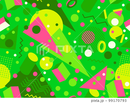 Geometric seamless pattern with 3d shapes in 80s memphis style. Isometric 3D geometric shapes in different colors. Design for printing on paper, banners and wallpapers. Vector illustration Geometric seamless pattern with 3d shapes in 80s memphis style. Isometric 3D geometric shapes in different colors. Design for printing on paper, banners and wallpapers. Vector illustration 99170793