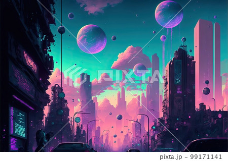 最大4Kサイズ以上、ネオンカラーのスキームを取り入れた異世界の風景画 99171141
