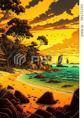 大迫力夕暮れの海岸と町並みの絵画