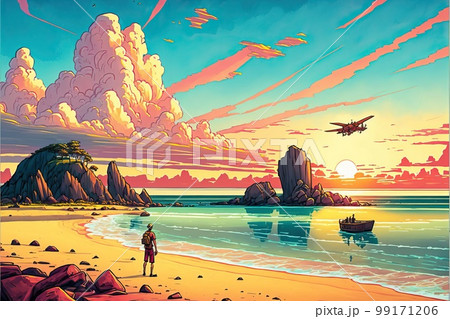 大迫力　夕暮れの海岸と町並みの絵画 大迫力夕暮れの海岸と町並みの絵画