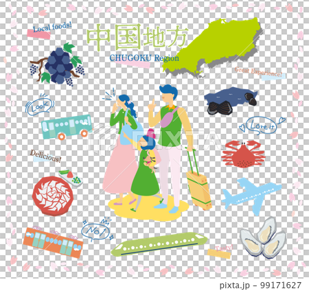 A family of three who enjoys spring gourmet sightseeing in the Chugoku region of Japan, a set of icons (flat) 99171627