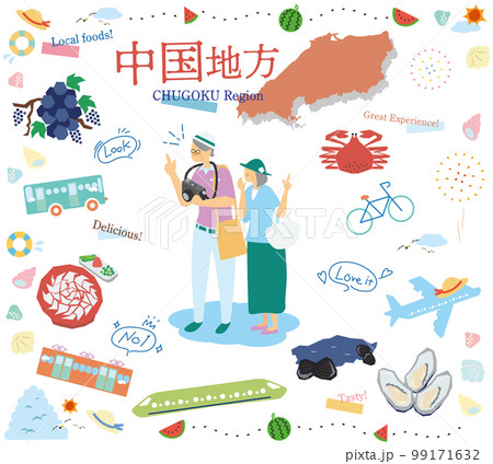 日本の中国地方の夏のグルメ観光を楽しむシニア夫婦、アイコンのセット(フラット) 日本の中国地方の夏のグルメ観光を楽しむシニア夫婦、アイコンのセット(フラット) 99171632