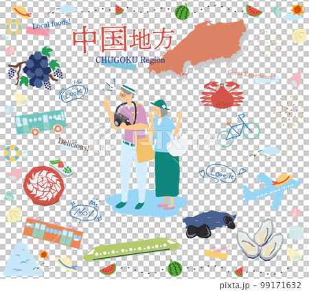 日本の中国地方の夏のグルメ観光を楽しむシニア夫婦、アイコンのセット(フラット) 日本の中国地方の夏のグルメ観光を楽しむシニア夫婦、アイコンのセット(フラット) 99171632