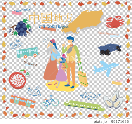 A family of three who enjoys autumn gourmet sightseeing in the Chugoku region of Japan, a set of icons (flat) 99171636