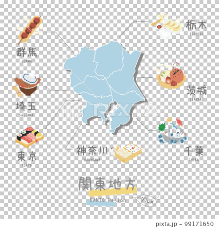日本の関東地方のグルメ観光とマップ、アイコンのセット(フラット) 日本の関東地方のグルメ観光とマップ、アイコンのセット(フラット) 99171650