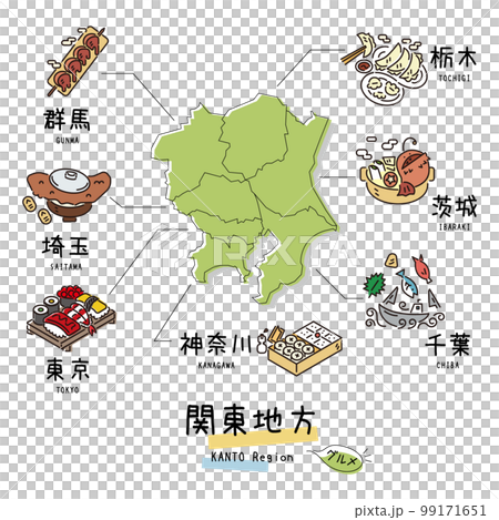 日本の関東地方のグルメ観光とマップ、アイコンのセット(線画) 日本の関東地方のグルメ観光とマップ、アイコンのセット(線画) 99171651