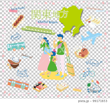 A family of three who enjoys spring gourmet sightseeing in the Kanto region of Japan, a set of icons (flat) 99171653