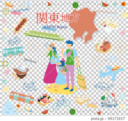 A family of three who enjoys summer gourmet sightseeing in the Kanto region of Japan, a set of icons (flat) 99171657