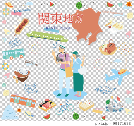 在日本關東地區享受夏季美食觀光的老年夫婦，圖標集（平面） 99171658