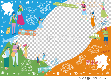 日本の関東地方の夏のグルメ観光を楽しむ観光客、アイコンのセット（フラット） 99171670