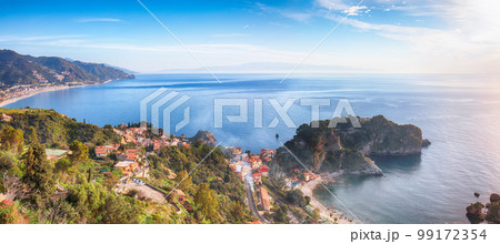Panoramic aerial view of Isola Bella island and beach in Taormina 99172354