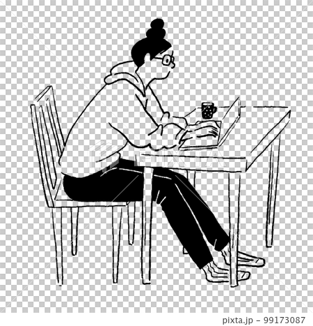 一個女人用筆記本電腦的矢量線圖 一個女人用筆記本電腦的矢量線圖 99173087