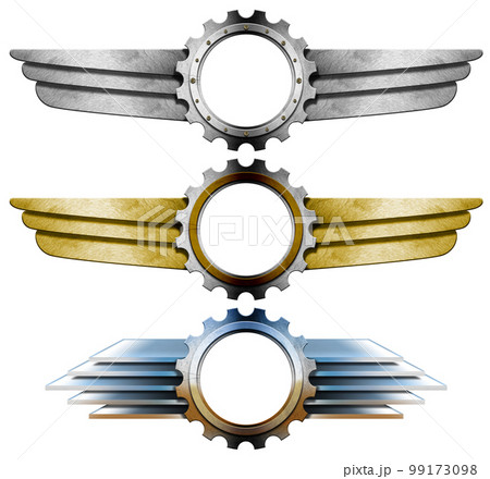 Metal Winged Logos with Gears Isolated on White Background Metal Winged Logos with Gears Isolated on White Background 99173098