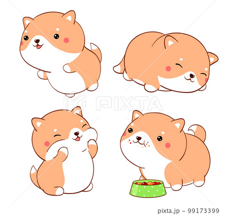 Set of cute fat dogs kawaii style. Collection of lovely little shiba inu puppy in different poses. Can be used for t-shirt print, stickers, greeting card design 99173399