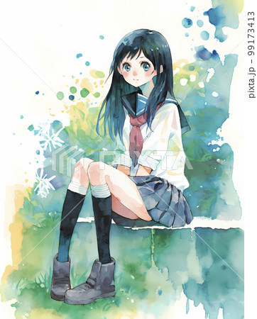 その場に座るミニスカートの女子高生「AI生成画像」 99173413