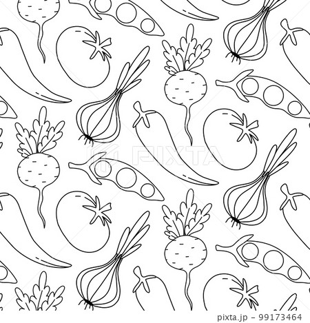 Seamless pattern with vegetables in doodle stele. Pattern with horse crops in a linear style. Modern print with vegetables. Vector illustration. 99173464
