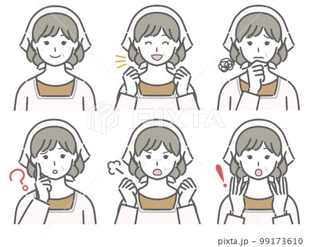 割烹着を着た中年女性の色々な表情 99173610