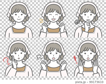割烹着を着た中年女性の色々な表情 99173610