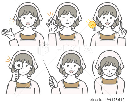 解説する割烹着を着た中年の女性 解説する割烹着を着た中年の女性 99173612