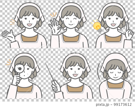 A middle-aged woman wearing a cooking suit to explain 99173612