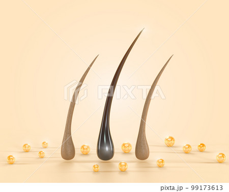 Hair care, treatment dry damaged hair mock up banner 3d render. Repair and nourish hair follicles of shampoo, keratin or serum with oil bubbles or golden pearls on beige background 99173613