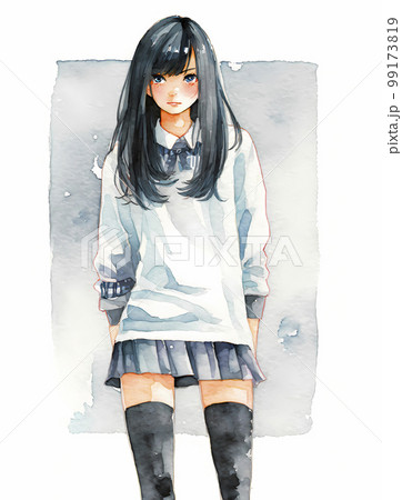 黒髪ロングの女子生徒　水彩イラスト　立ち絵「AI生成画像」 99173819