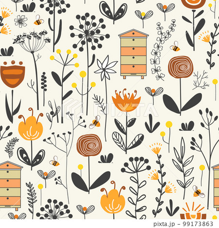 Meadow flowers, honey bee, and beehives seamless pattern. Blooming grass apiculture background in Scandinavian style. Folk field doodle flowers vector pattern 99173863