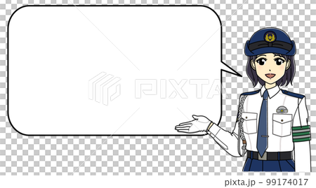A female police officer in a white shirt giving guidance (with a balloon with rounded corners) 99174017