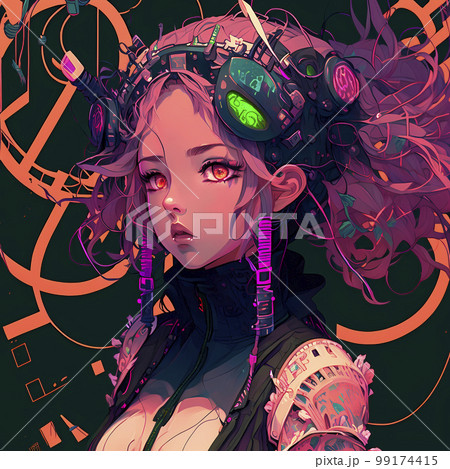 Cyberpunk-style girl with beautiful neon colors - Stock Illustration  [99174420] - PIXTA