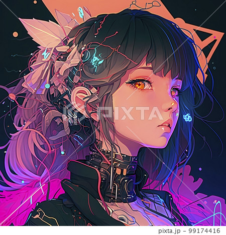 Cyberpunk-style girl with beautiful neon colors - Stock Illustration  [99174420] - PIXTA