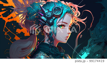 サイバーパンク風　ネオンカラーが美しい少女　アニメ風「AI生成画像」 99174419