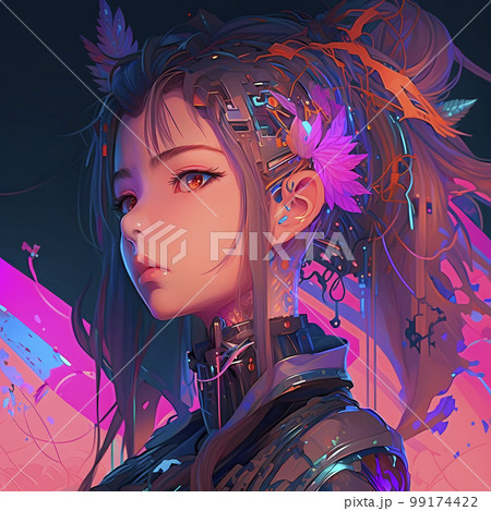 サイバーパンク風 ネオンカラーが美しい少女 アニメ風「AI生成画像」の