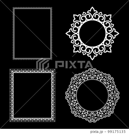 Set of decorative frames Elegant vector element for design in Eastern style, place for text. Floral black and white borders. Lace illustration for invitations and greeting cards. Set of decorative frames Elegant vector element for design in Eastern style, place for text. Floral black and white borders. Lace illustration for invitations and greeting cards. 99175135