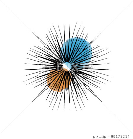 Vector illustration of abstract sun hand drawn in black line. Colored spots of watercolor paint. Logo for isoterics, celestial bodies, astrology. 99175214
