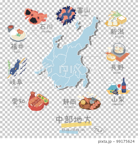 日本中部地區的美食觀光和地圖,圖標集(平面) 日本中部地區的美食觀光和地圖,圖標集(平面) 99175624