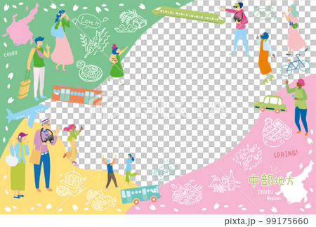 遊客在日本中部地區享受春季美食觀光,一組圖標(平面) 遊客在日本中部地區享受春季美食觀光,一組圖標(平面) 99175660