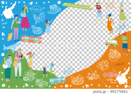 日本の中部地方の夏のグルメ観光を楽しむ観光客、アイコンのセット(フラット) 日本の中部地方の夏のグルメ観光を楽しむ観光客、アイコンのセット(フラット) 99175661