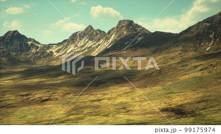 hillside overgrown with dry grass against the backdrop of snow-capped mountains 99175974