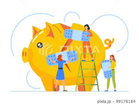 Teamwork, Solution-focused Approach Concept with Business Characters Fixing Broken Piggy Bank Vector Illustration 99176184