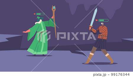 Wizard And Fantasy Warrior Wearing Virtual Reality Headset Fighting While Playing Mmorpg Video Game Wizard And Fantasy Warrior Wearing Virtual Reality Headset Fighting While Playing Mmorpg Video Game 99176344